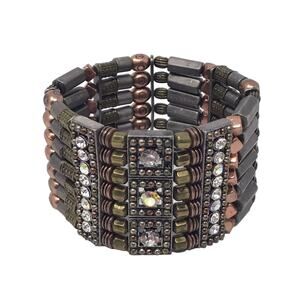 Vintage Brass Bead Wide Cuff Bangle Bracelet Rhinestone Flex Stretch